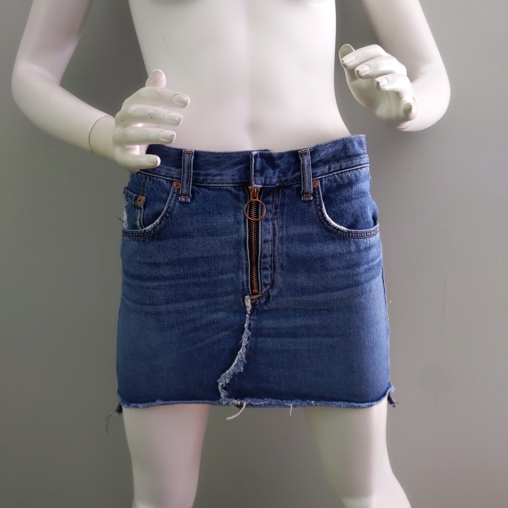 Rag & Bone O-Ring Front Zipper Blue Denim Punk Mini Skirt 26 S